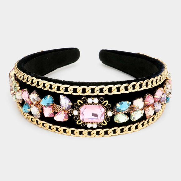 Multi Color Stone Embellished Headband, Luxury Chunky Headband - Picture 2 of 2
